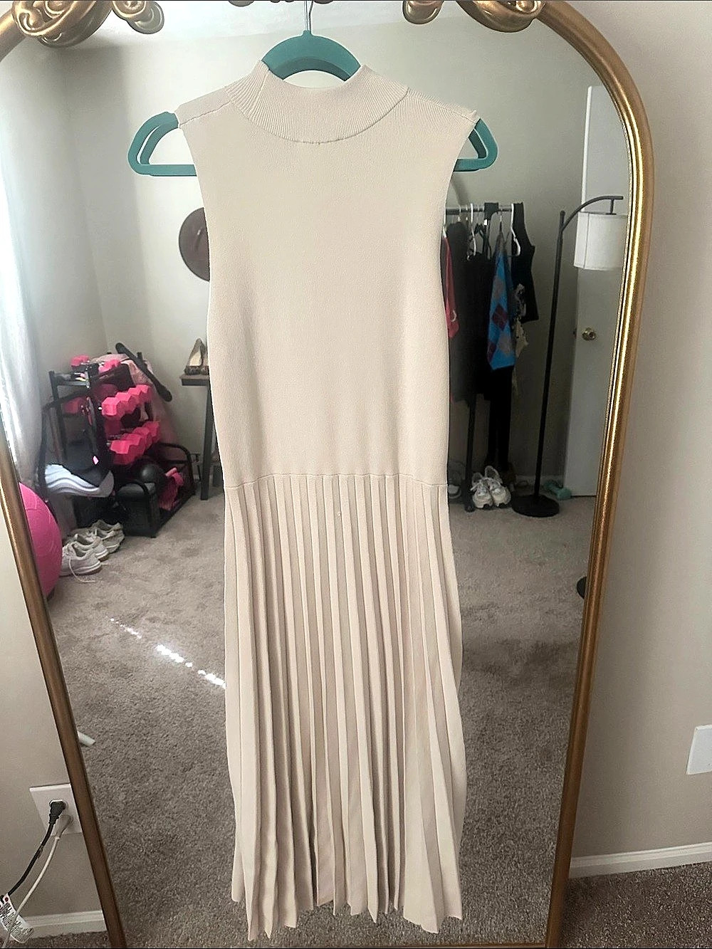 Express Pleated Mock Neck Midi Sweater Dress Cream XL